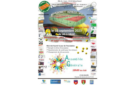 Une permanence sera assurée le 16/09/2023 de 14h à 18h pour les adhésions au club, suivie de l'AG