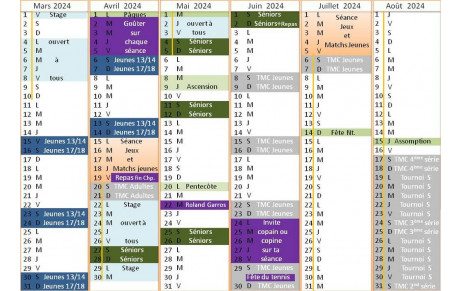 Calendrier 2023/2024 mars à août &quot;animations,tmc etc...&quot;