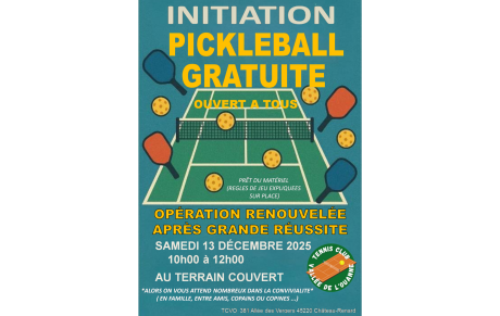 Initiation au pickleball samedi 13 décembre 2025 (10 à 12h) et c'est gratuit !